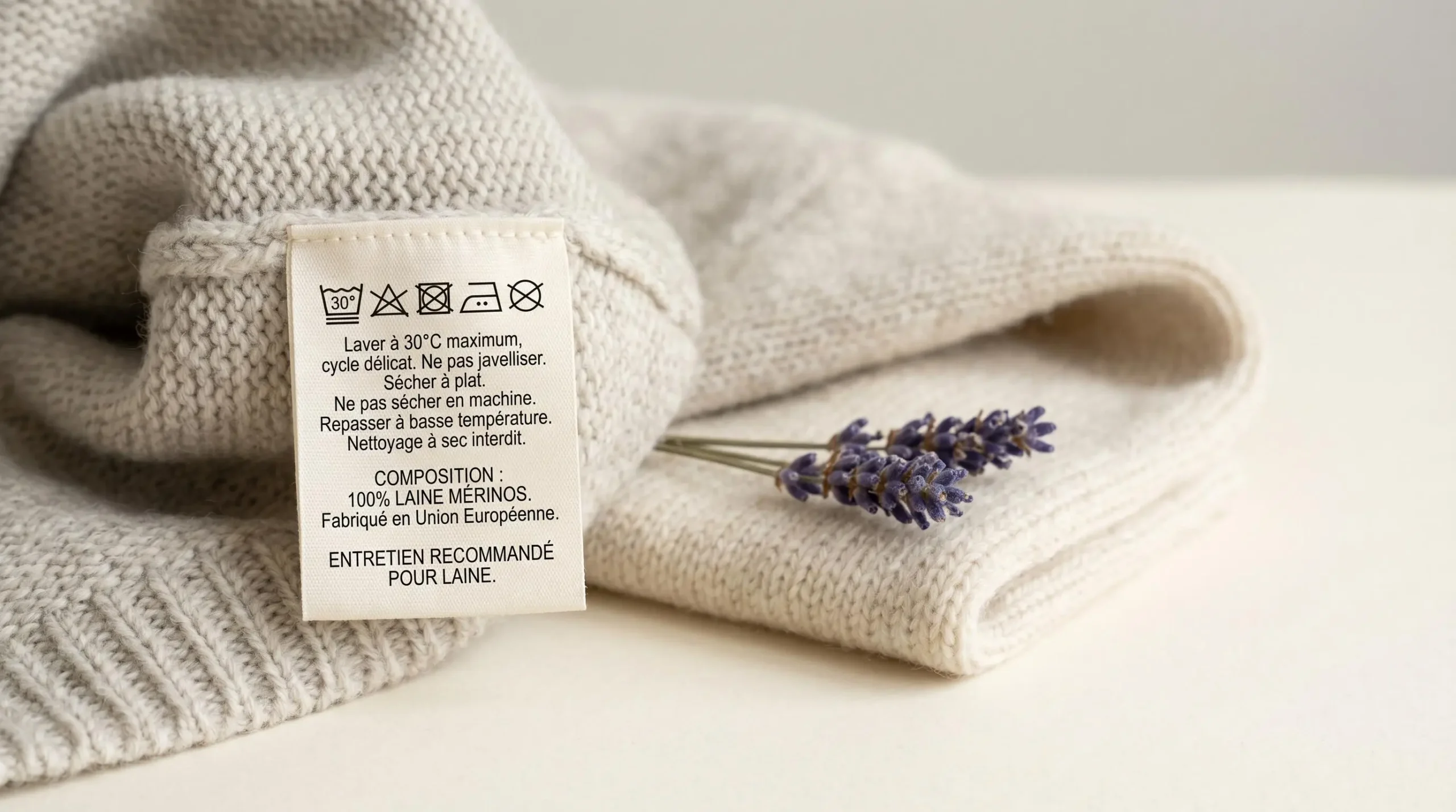 Étiquette d'entretien textile cousue dans un vêtement en maille montrant les symboles de lavage à 30°C cycle délicat et séchage à plat