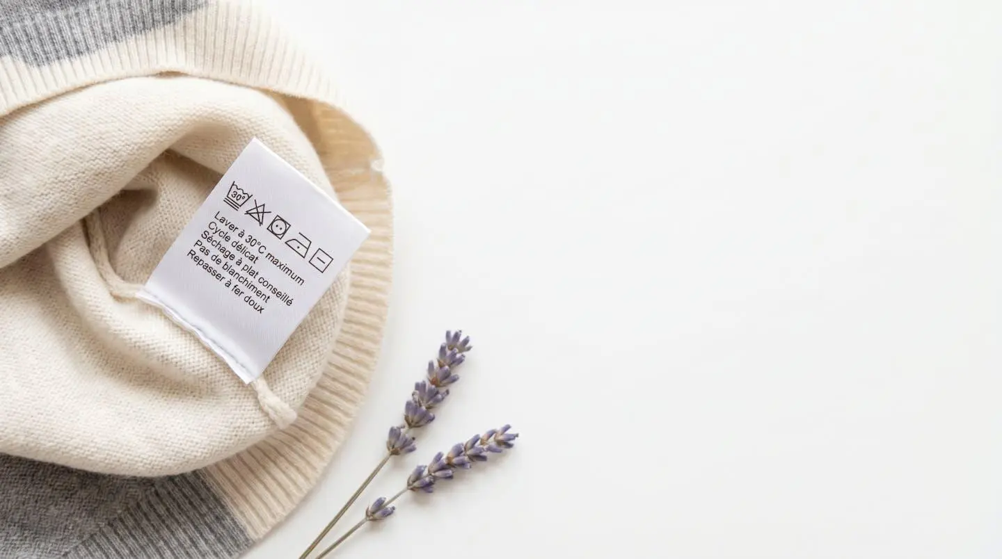 Étiquette d'entretien textile cousue dans un vêtement en maille montrant les symboles de lavage à 30°C cycle délicat et séchage à plat