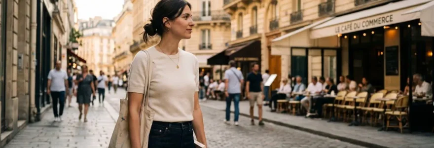 Femme portant un top en maille couleur naturelle dans une rue parisienne estivale avec architecture haussmannienne en arrière-plan, lumière dorée de fin d'après-midi