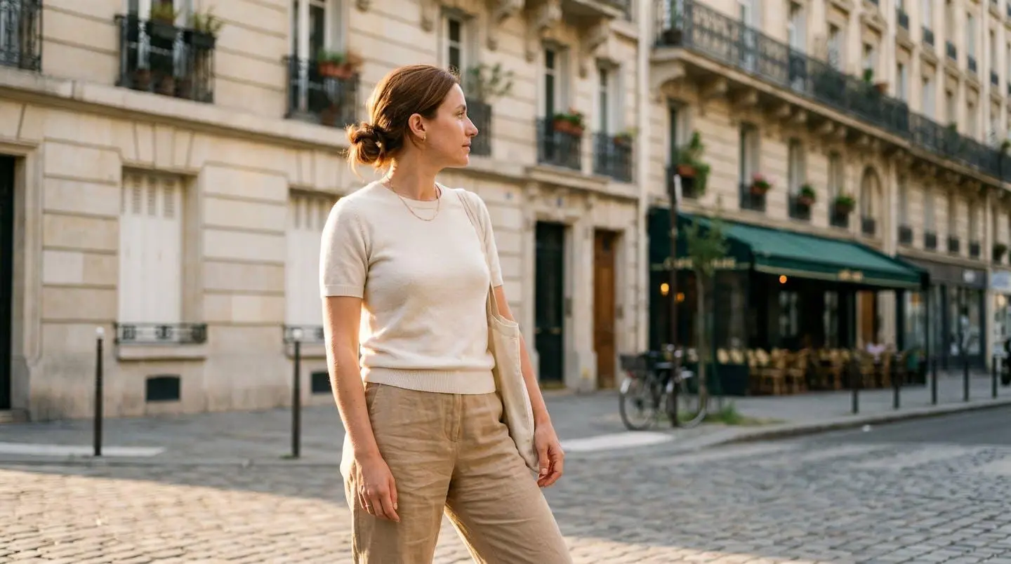 Femme portant un top en maille couleur naturelle dans une rue parisienne estivale avec architecture haussmannienne en arrière-plan, lumière dorée de fin d'après-midi
