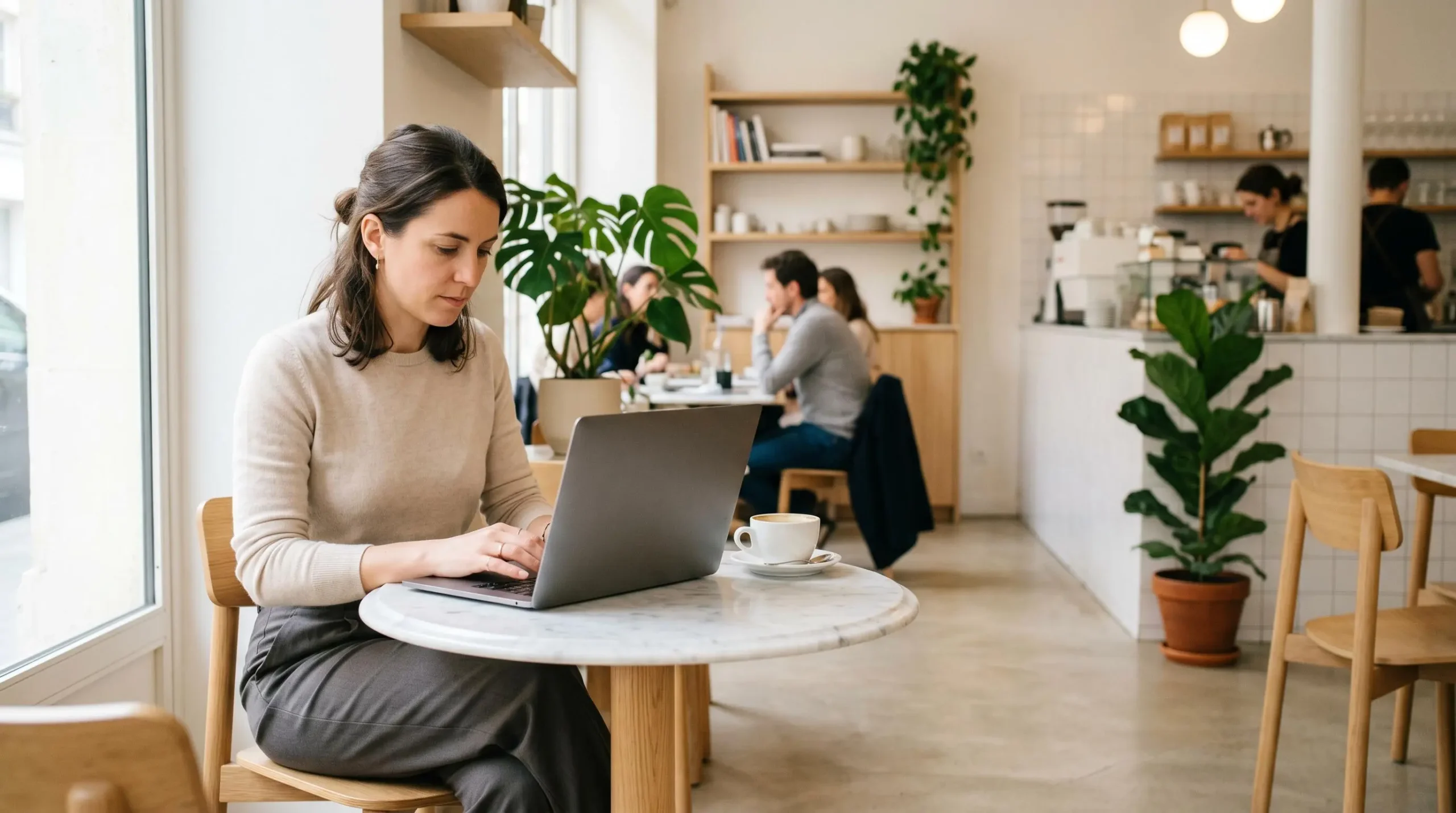 Femme travaillant sur ordinateur portable dans un café parisien contemporain, portant un top en maille et pantalon fluide, ambiance professionnelle décontractée
