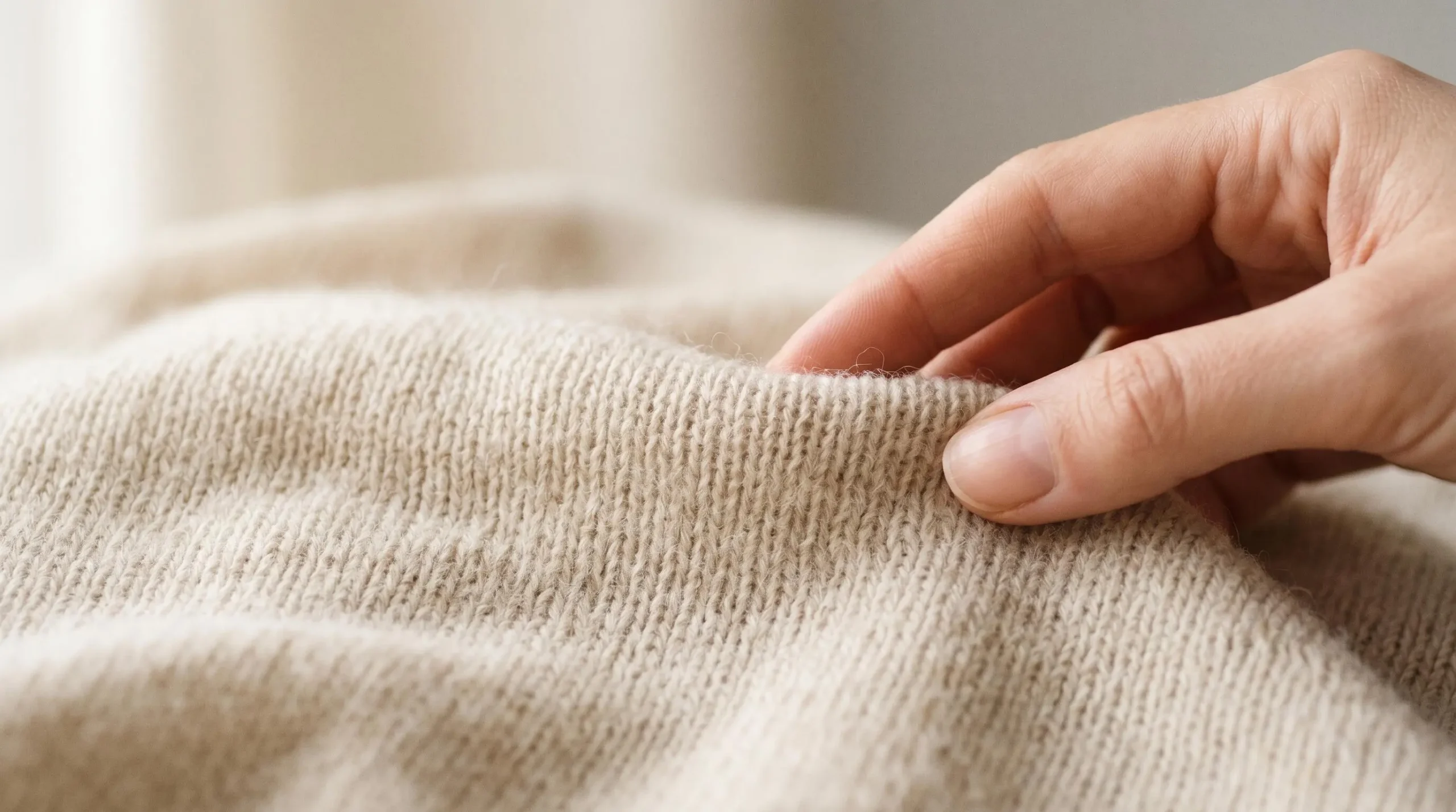 Gros plan détaillé sur la texture fine d'un tricot de laine montrant l'espacement des fibres et la légèreté du tissage jersey