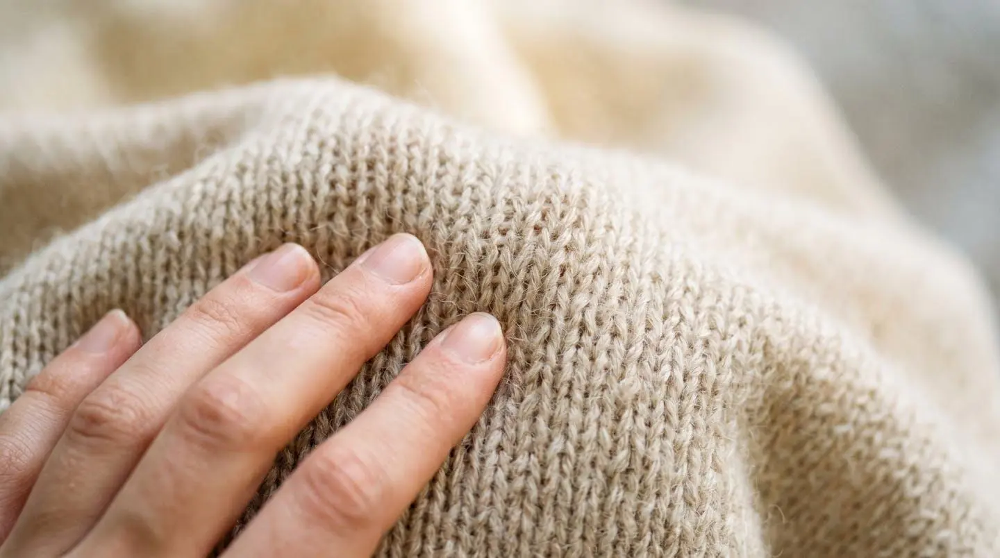 Gros plan détaillé sur la texture fine d'un tricot de laine montrant l'espacement des fibres et la légèreté du tissage jersey