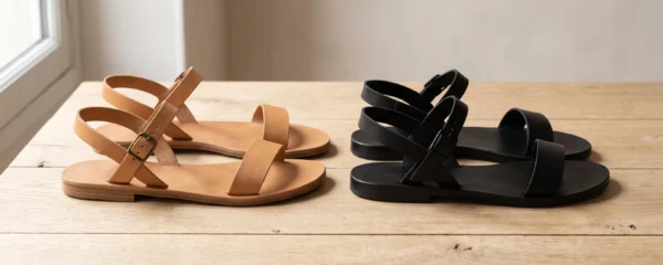 Deux paires de sandales plates minimalistes en cuir, l'une camel et l'autre noire, posées côte à côte sur une surface en bois naturel clair, éclairage naturel latéral