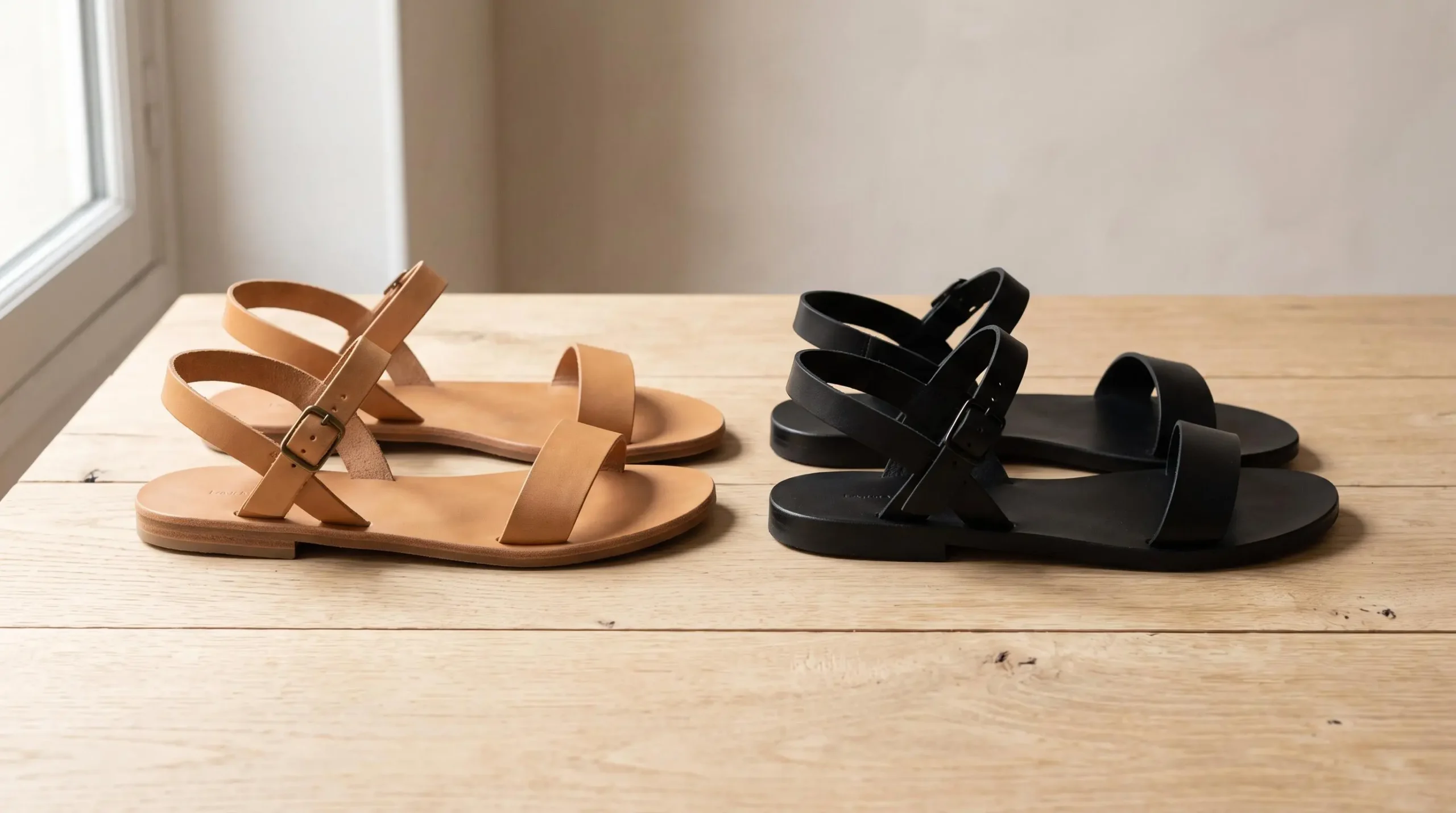 Deux paires de sandales plates minimalistes en cuir, l'une camel et l'autre noire, posées côte à côte sur une surface en bois naturel clair, éclairage naturel latéral