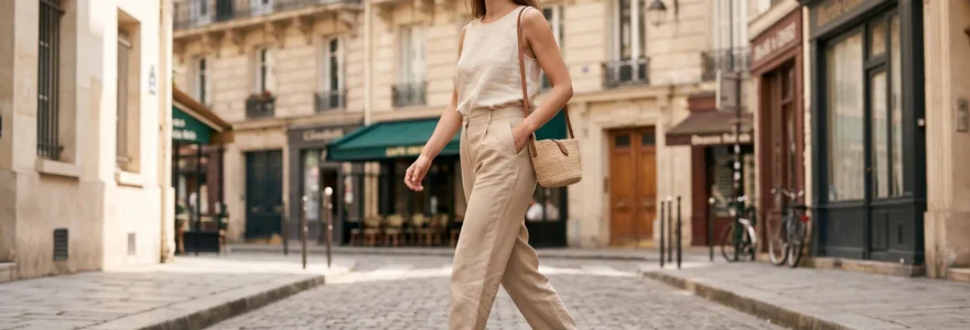Femme d'une trentaine d'années marchant dans une rue pavée française, vêtue d'un ensemble monochrome beige complet (pantalon et top en lin) avec sandales plates en cuir camel et sac raphia naturel, lumière estivale douce