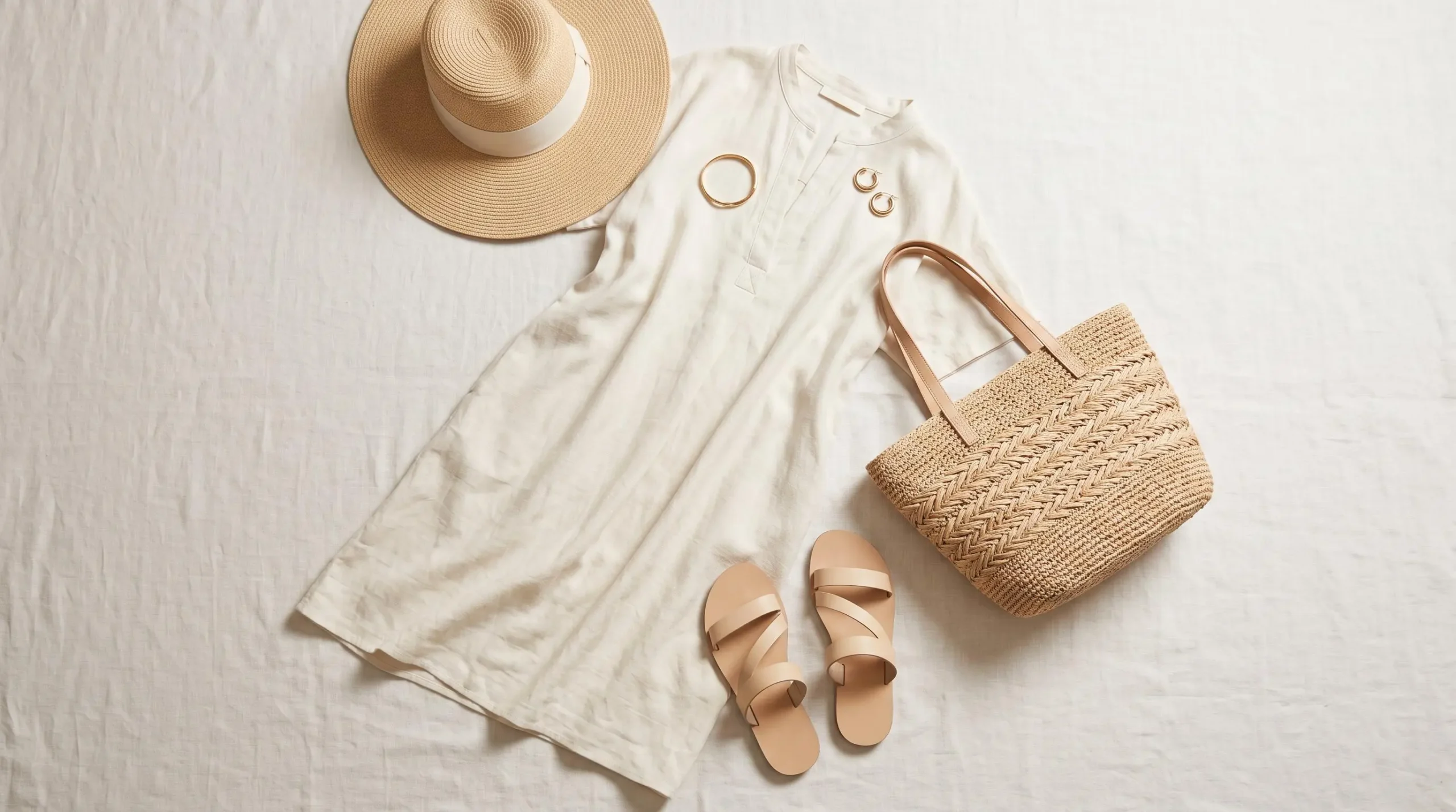 Flat lay d'une tenue monochrome blanc cassé complète : robe en lin écru, sandales plates beige clair, sac raphia naturel, chapeau de paille et bijoux dorés discrets disposés harmonieusement sur fond lin